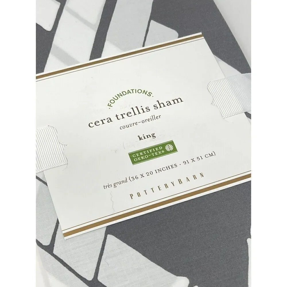 NWT POTTERY BARN CERA TRELLIS Gray White Cotton Bamboo Print King Pillow Sham